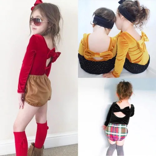 Mode baby meisje rompertjes warme lange mouwen fluwelen jumpsuit peuter kleding wijn rode backless bowknot baby rompertjes lente herfst kleding