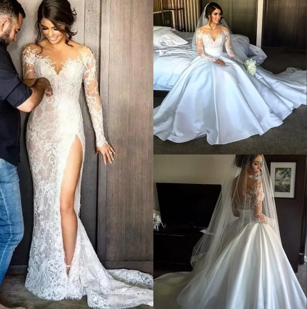 Split Lace Steven Khalil Mermaid Wedding Dresses With Detachable Skirt Sheer Neck Long Sleeves High Slit Overskirt Sexy Bridal Gowns