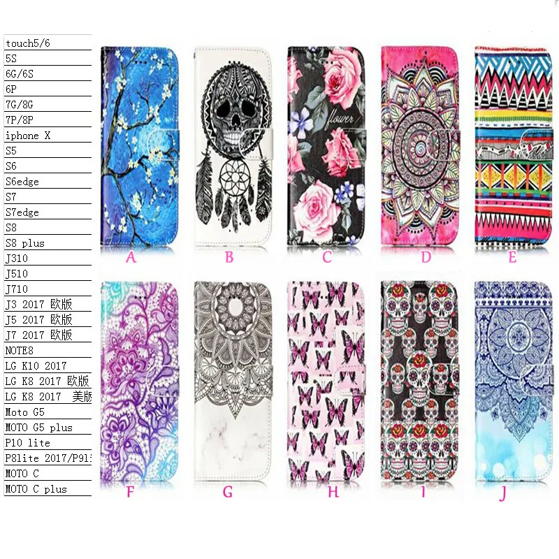 Kafatası Dreamcatcher Deri Cüzdan Kılıf Iphone X 8 7 Artı 6 6 s SE 5 S Dokunmatik 6 5 Galaxy Not 8 S9 S8 Çiçek Flip Kapak KIMLIK Kartı Kılıfı Çerçeve