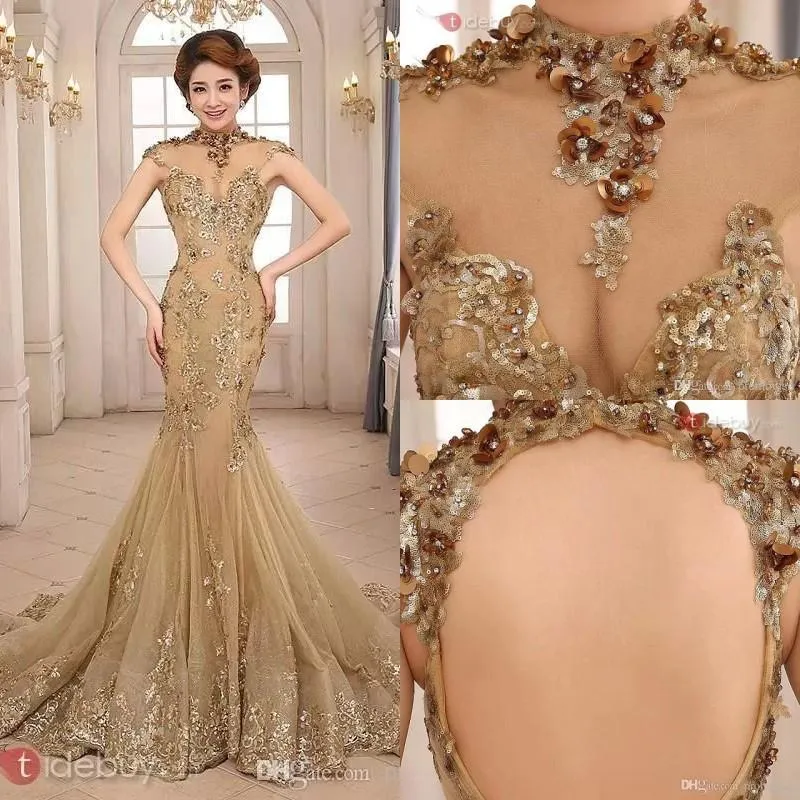  Hollow Back Beaded Celebrity Champagne Evening Dresses