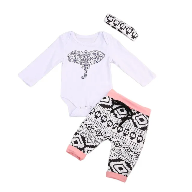 Abbigliamento per bambini Autunno Inverno Neonato Ragazzo Ragazza Abbigliamento Set Pagliaccetto Elefante + Pantaloni lunghi Geometirc + Fascia 3 pezzi Set di abiti per bambini