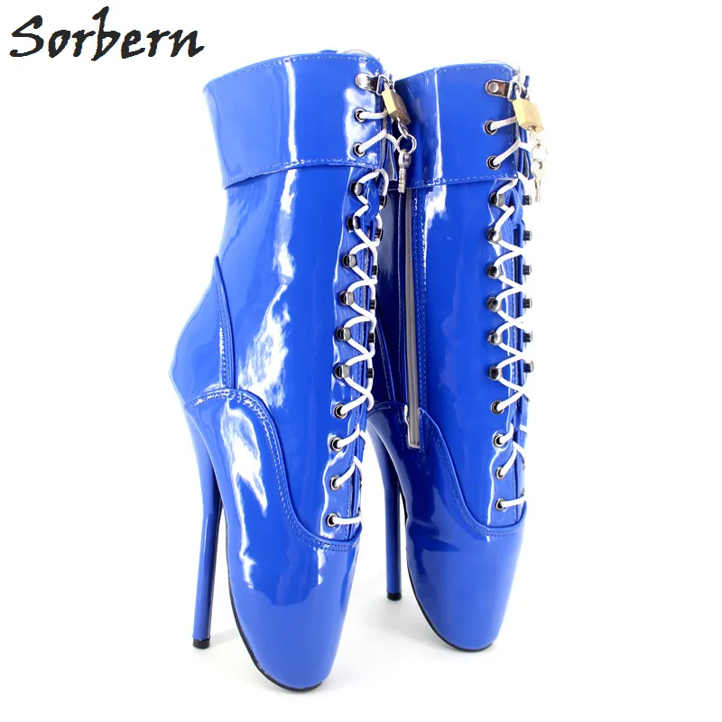 Sorbern Blue Patent Läder Nya Ballett Ankelstövlar 7 Spike High Heel Black Glänsande Ballettskor med Lace Fetish