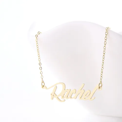 Mujeres personalizadas de 18k chapado en oro Collar personalizado Quot Rachel Quot Cartas colgantes personalizadas de acero inoxidable Nameplat8813991