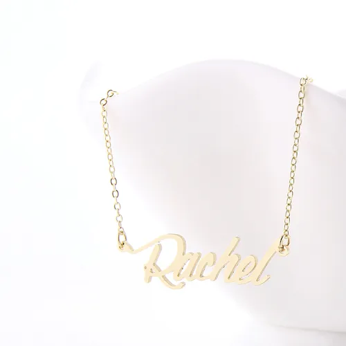 Personalizado feminino 18k banhado a ouro nome personalizado colar quot rachel quot aço inoxidável pingente personalizado letras nameplat6113667