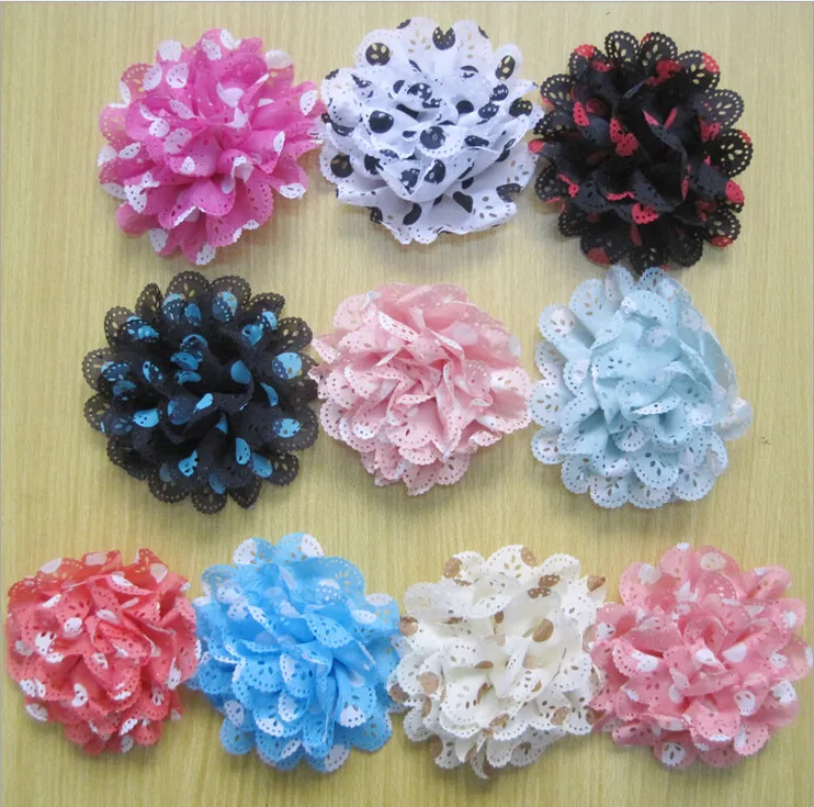 Gratis verzending kant golfpunt bloem baby kinderen diy chiffon dot bloemen platte achterkant haar accessoire hoofd bloem corsage hoed decoratie HT2129