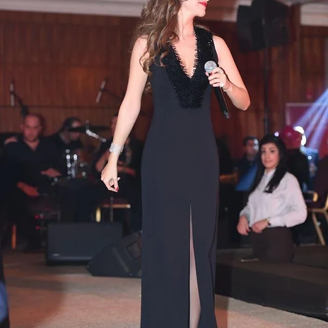 2016 Nieuwe Mode Nancy Ajram Saoedi-Arabische Zwarte Bont Diepe V-hals Dubai Lange Prom Avondjurken Side Slit Open Back Muslim Partyjurken