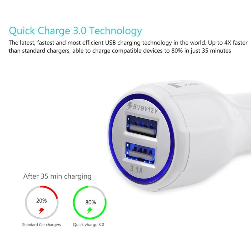 3.1A 빠른 자동차 충전기 12V 9V 5V Qualcomm 빠른 듀얼 USB 전화 충전기 삼성 S8 HTC LG에 대 한 높은 품질