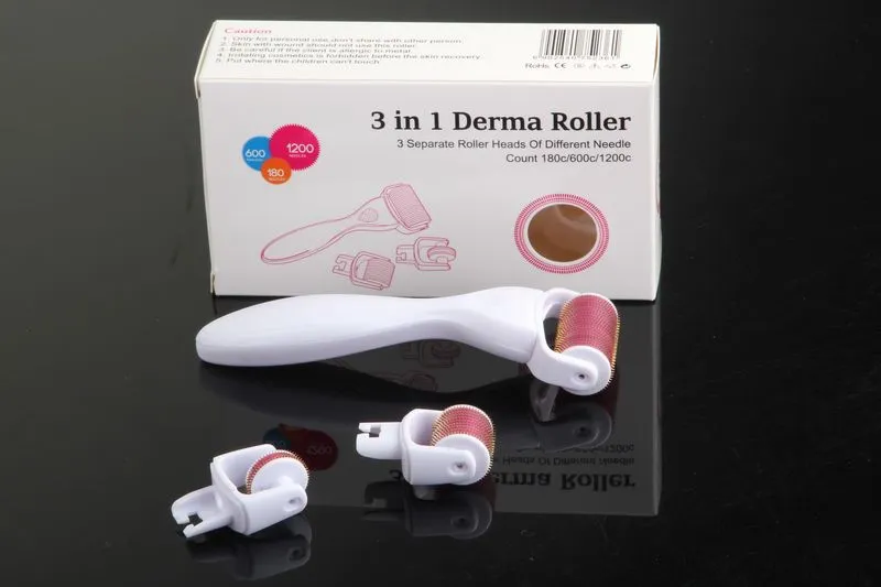 1 개의 Derma 롤러 3 개, 다른 니들 카운트의 3 개의 개별 롤러 헤드 180c / 600c / 1200c 마이크로 바늘 스킨 롤러, 흰색 / 검정색 핸들 빨간 헤드