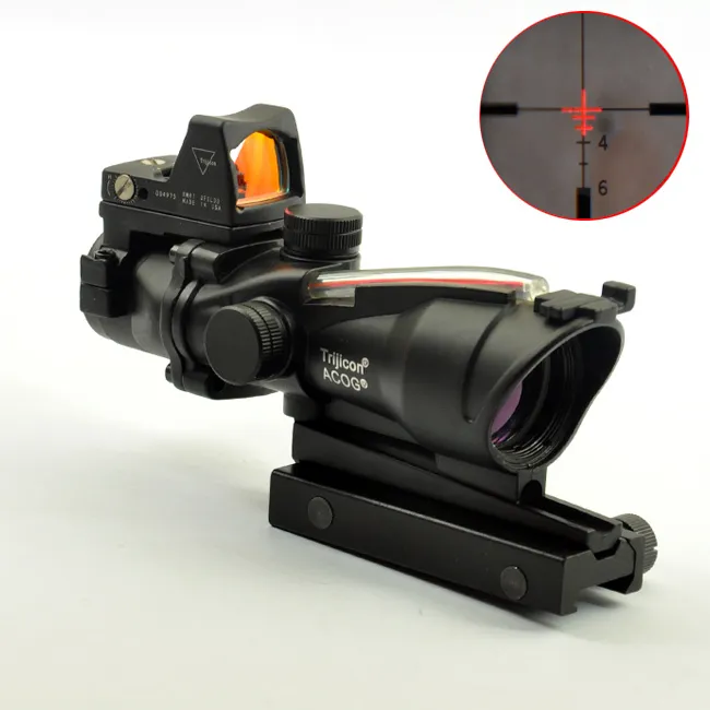 ACOG Style 4x32 Real Fiber Source Red eller Green Crosshair Illumined Scope w/ RMR Micro Red Dot