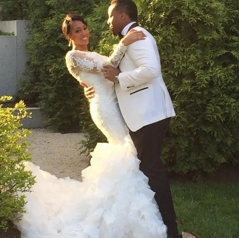 Afican vestidos de casamento mangas compridas de renda ilusão decote sereia forma vestidos de noiva vestido de noiva babados ruched apliques frisado 2015