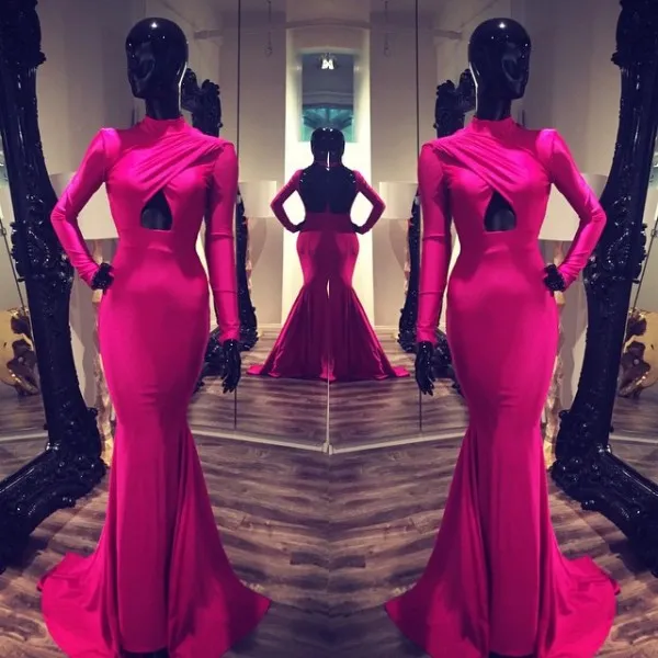 Michael Costello Sexy Evening Dresses Long Sleeves High Neck Celebrity Fitted Gowns Cut Out Backless Formal Prom Dress Fuchsia Burgundy