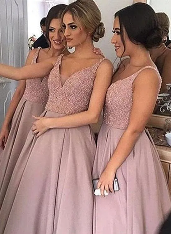 Blush Goedkope Country Bruidsmeisje Jurken Beste V-hals Top Kralen Satijn Boheemse avondjurken Hallo Low Backless Prom-jurken Maid of Honour