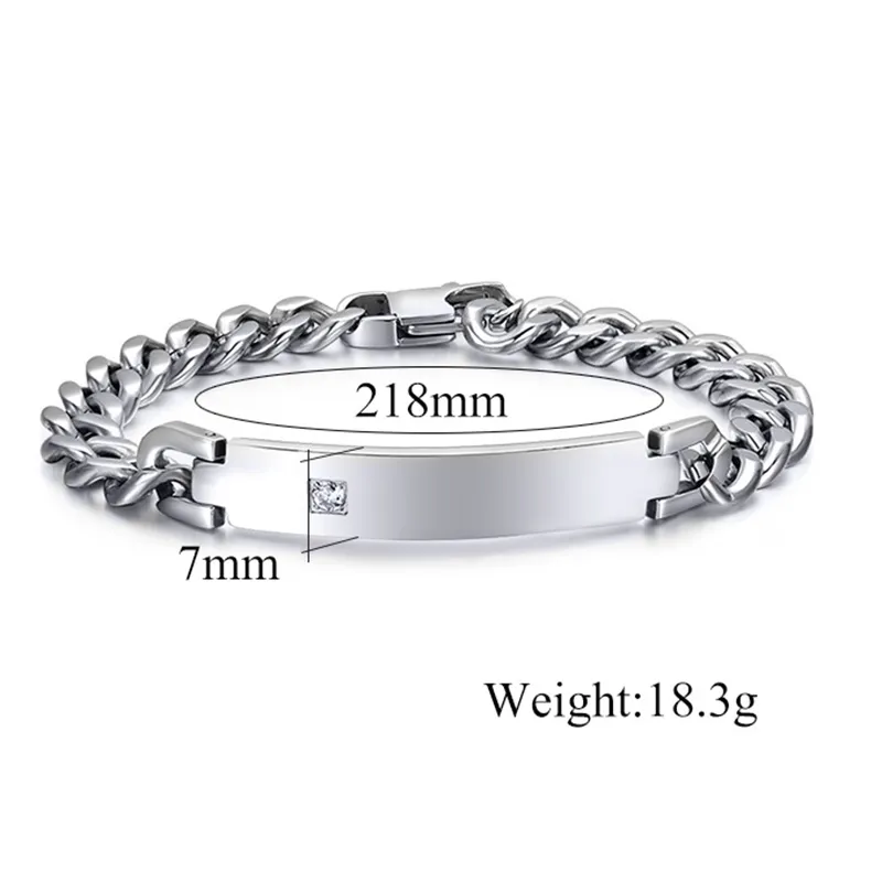 2015 Newest Romantic Lovers' Style Sweet Gift Silver Stainless Steel Link Chain Shining Crystal Smooth ID Bracelet Hotsale