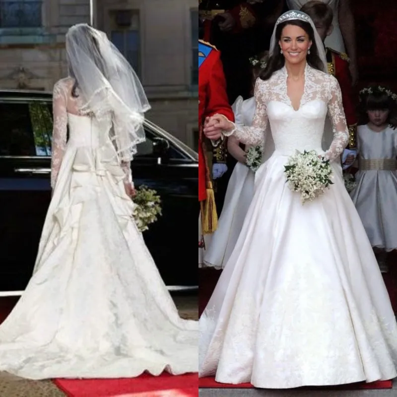 Impresionantes vestidos de novia de Kate Middleton Vestidos de novia modestos reales Encaje Mangas largas Volantes Tren de la catedral Por encargo Novias de alta calidad