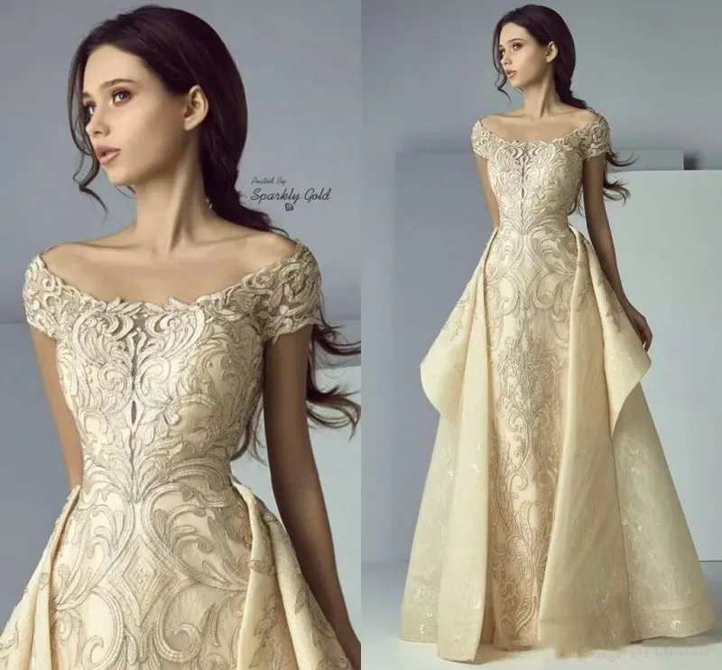 2018 Luksusowe Gold Prom Dresses Koronki Aplikacja Suknie Wieczorowe Off Ramię Overskirt Bliski Wschód Plus Rozmiar Specjalne okazje