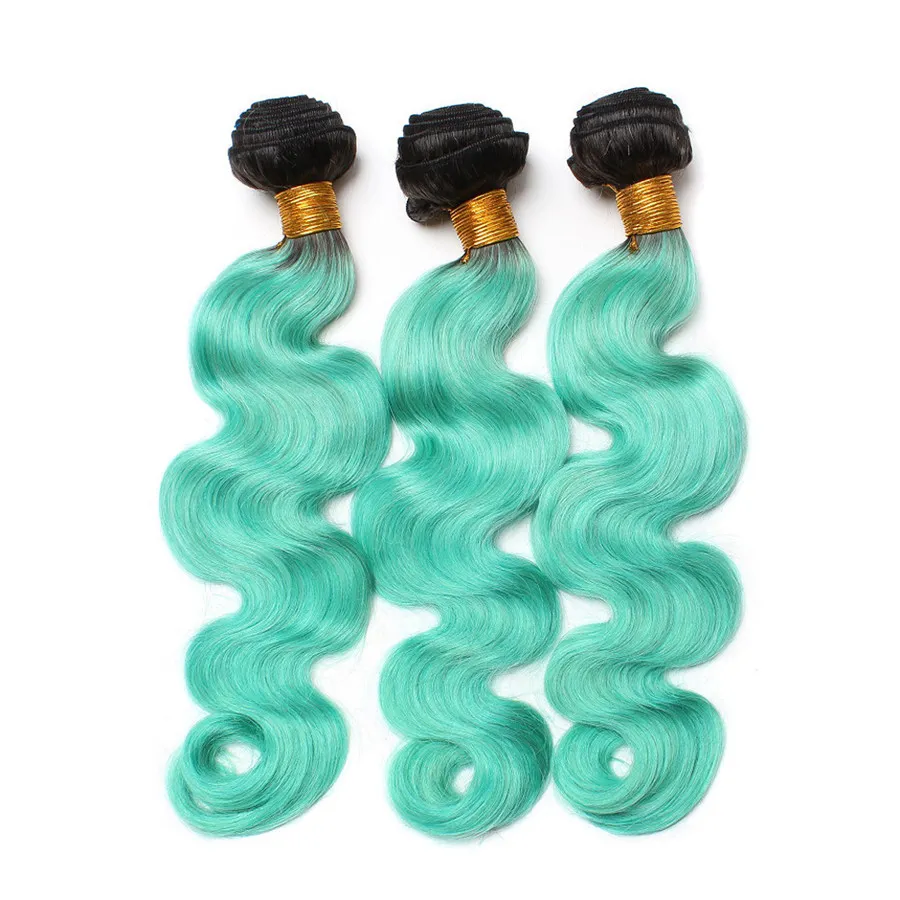 Green Ombre Human Hair Wiązki z koronki czołowej Dwa Tone Czarny do Zielonych Ombre Dark Korzenie Wiązki Włosów z 13 * 4 Koronki Zamknięcie Frontal