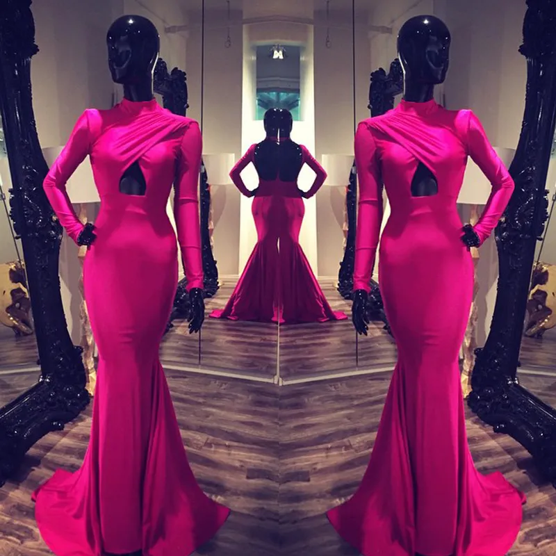 Michael Costello Sexy Evening Dresses Long Sleeves High Neck Celebrity Fitted Gowns Cut Out Backless Formal Prom Dress Fuchsia Burgundy