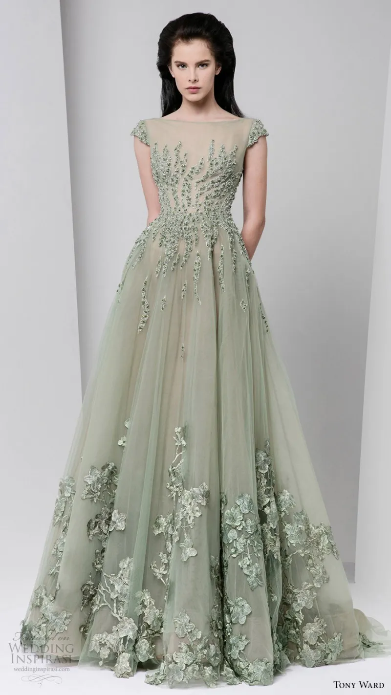 Tony ward 2016 vår sommar kväll klänningar sheer neck applique pärlor keps mose prom klänningar golv längd tulle formella fest klänningar