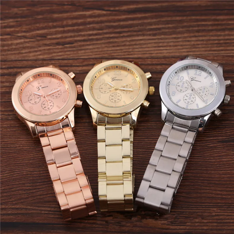 Moda Zegarek Kobiety Mężczyźni Genewa Ze Stali Nierdzewnej Zegarki Kwarcowy Luksusowe Luksusowe Panie Cool Gold Analog Trzy Oczy Wristwatch