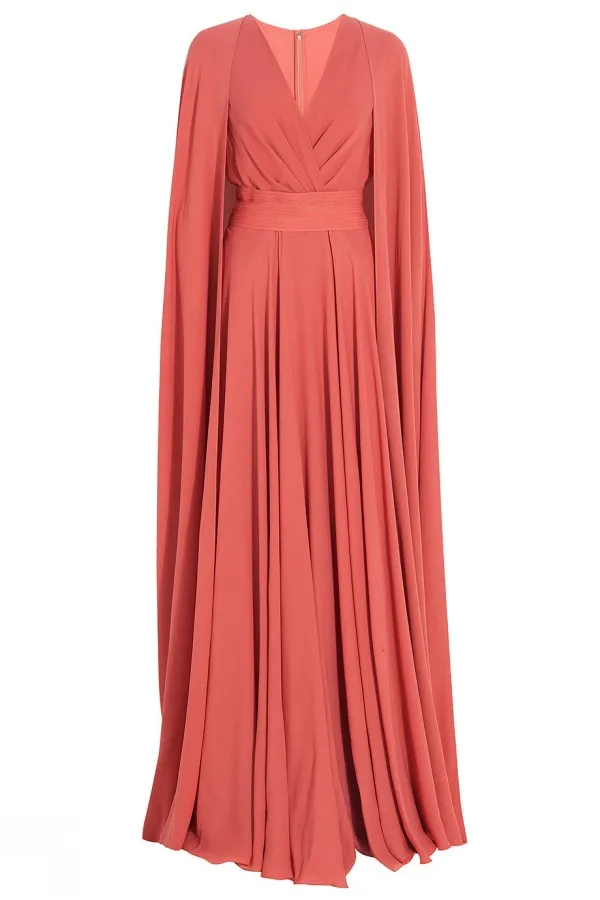 Våren Modest Muslim Long Dress Coral Chiffon Evening Dresses A Line Surplice V Neck Prom Bowns With Cape Sweep Train Custom Made6013134