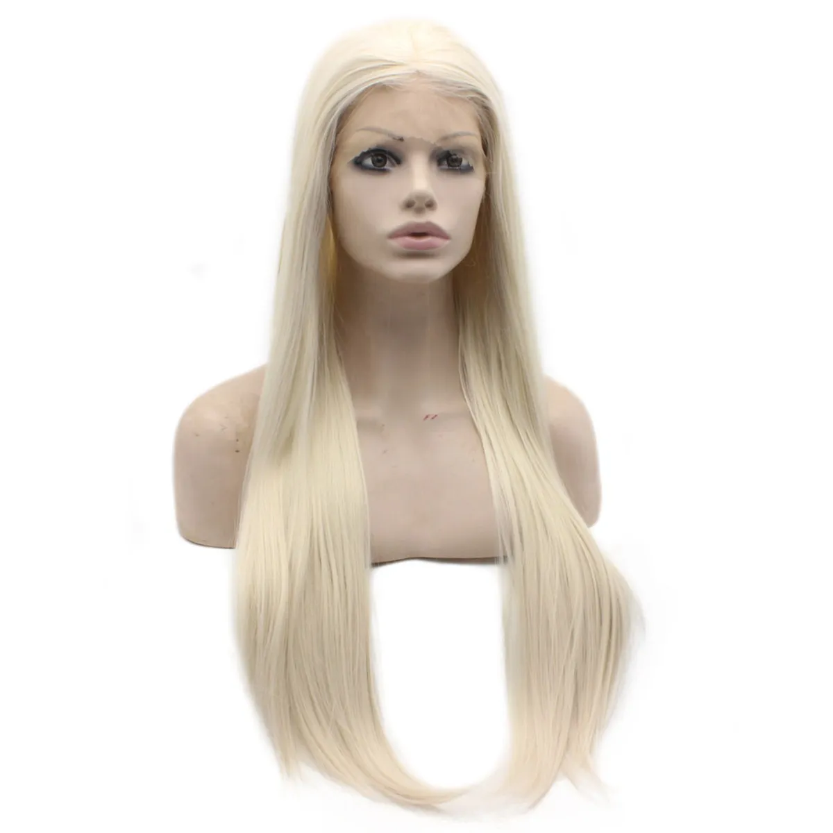 Długie proste światło blond ciepło przyjazny włókno włosy koronki przednia peruka