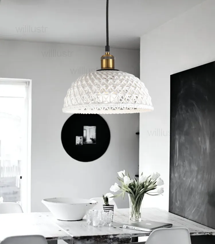 Nordic White Ceramic Hängsmycke Ljus Snidad Half Sphere Dome Lighting Hem Hotell Restaurang Dinning Room Living Room Pendant Lamp