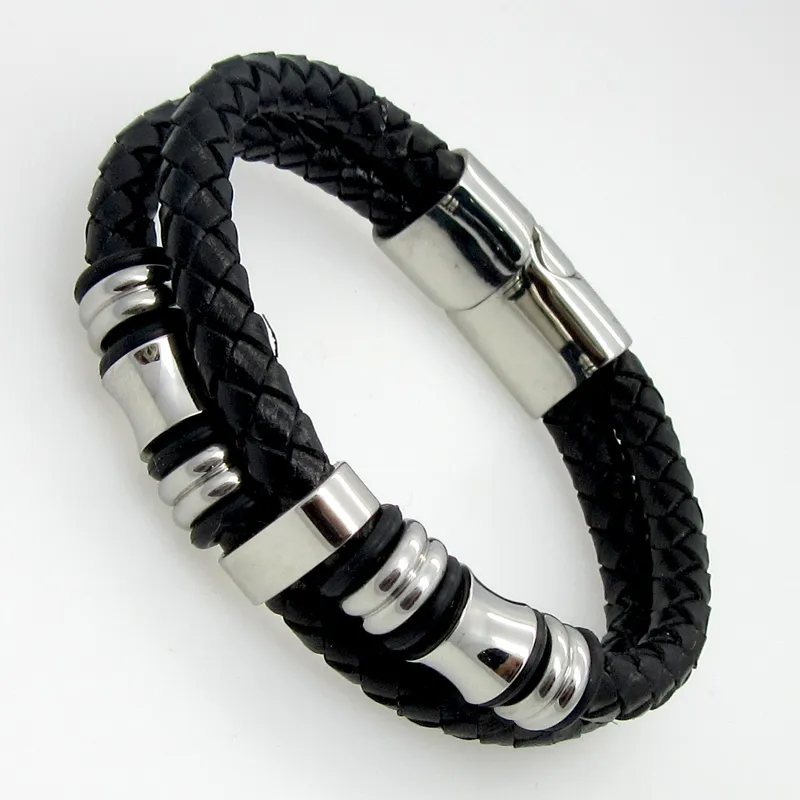 Two-tone Black Genuine Leather With Stainless Steel Mens Chain Bracelet Bangle 8.26 inch