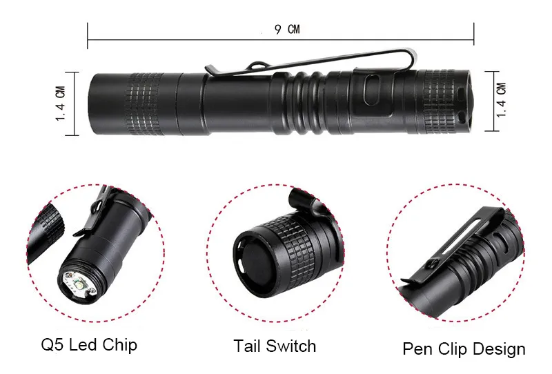 DZ5 Przenośny Mini Penlight Q5 250LM Latarka LED Latarka Pocket Light 1 Tryby przełączania Outdoor Camping Light Lampa