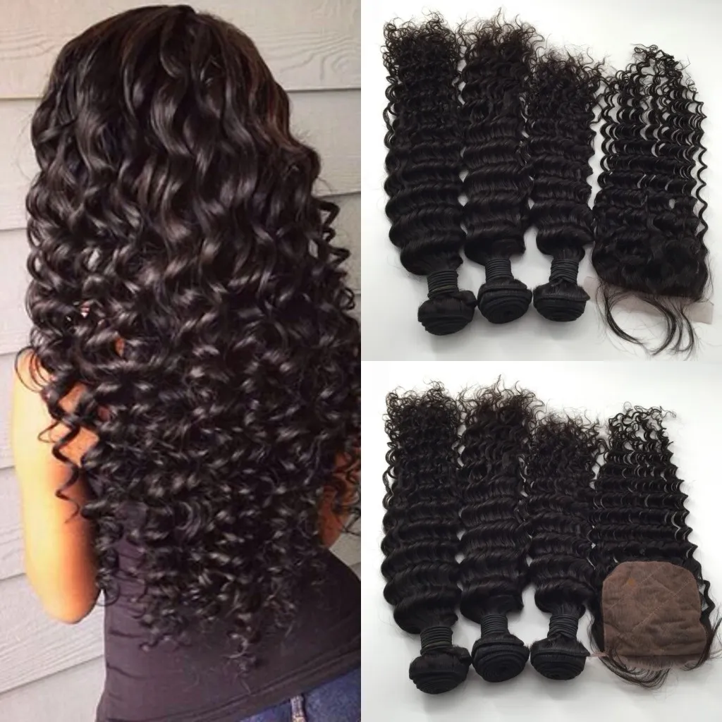 Malaio Fechamento Base De Seda Do Cabelo Molhado E Ondulado Com Pacotes Não Transformados 8A Cabelo Humano Tece Cabelo Virgem Onda Profunda Com Tops De Seda Fechos