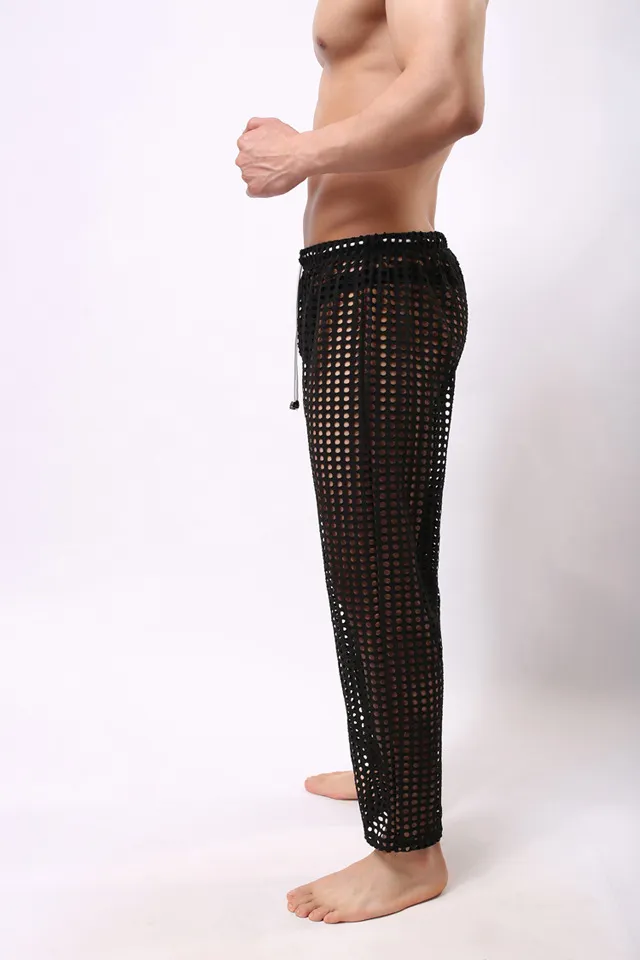 Sexiga herrbyxor Sleepwear Se genom Big Mesh Lounge Pyjamas Bottoms Loose Trousers Low Rise Male Sexy Wear254k