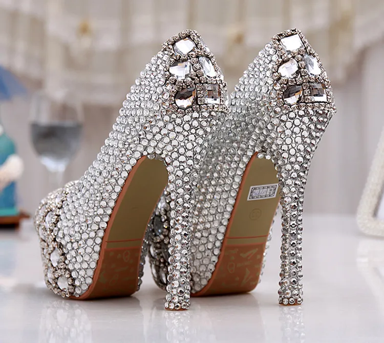 Silver Custom Gör Plus Storlek Högklack Kristaller Och Rhinestones Bröllop Bröllopspumpar Skor Diamond Lady Skor Party Prom High Heels