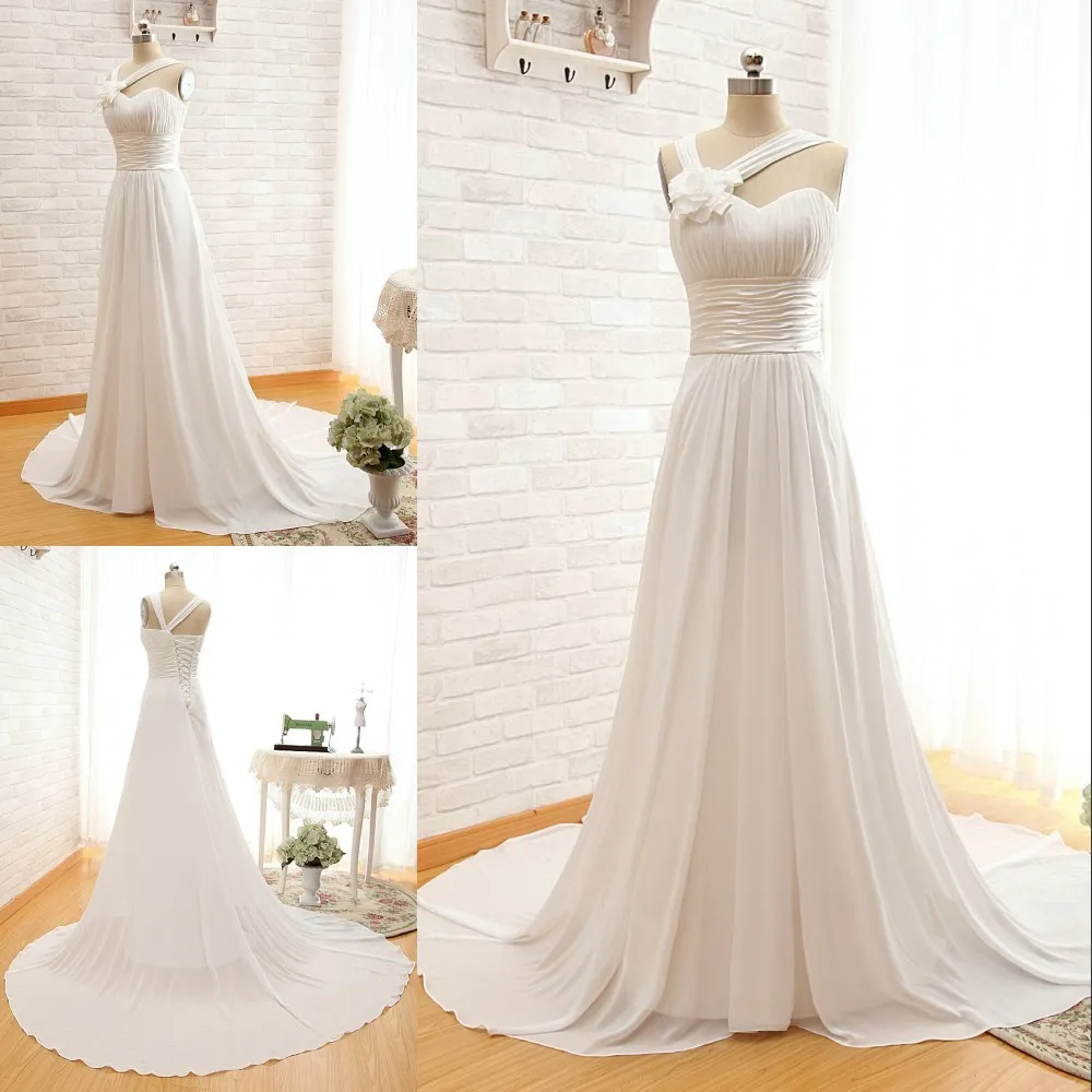 Pas cher personnalisable en mousseline de soie robe de mariée à la main fleur une épaule à lacets balayage train plage robe de mariée élégantes robes de mariée