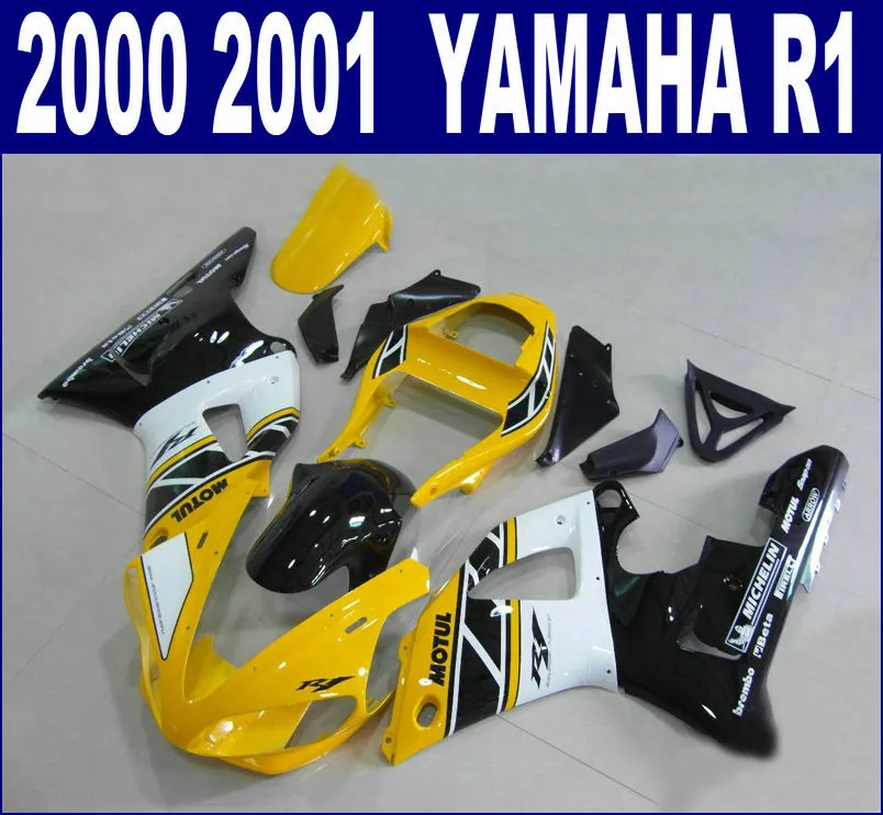 Frete grátis ABS carenagem kit para YAMAHA 2000 2001 YZF R1 YZF1000 00 01 amarelo branco preto plástico carenagens set RQ37 + 7 presentes