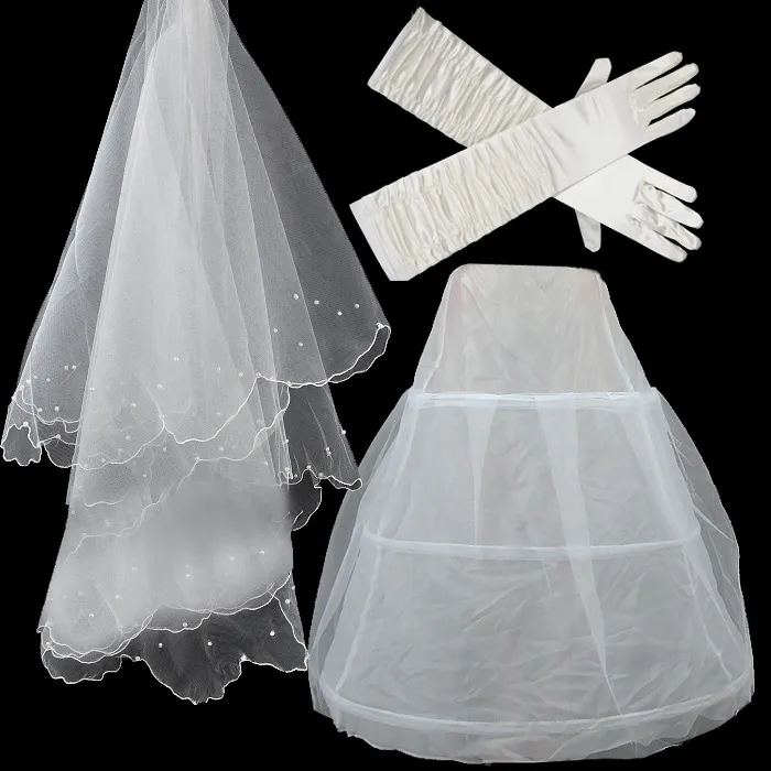 Bruiloft petticoat handschoenen sluier set goedkope in voorraad witte bruids accessoires voor baljurk bruiloft jurk elleboog lengte bruids handschoen kristal sluier