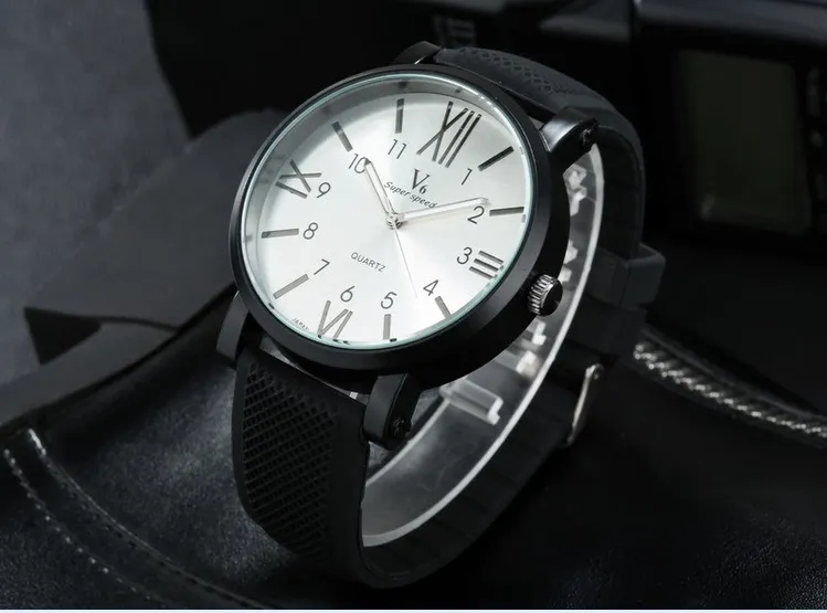 NOUVEAU V6CASUAL Quartz Hommes Regardez Fashionroman Numerals Graduation Wristwatch Dropship Silicone Clock Hours Hours Robe Chri4670942