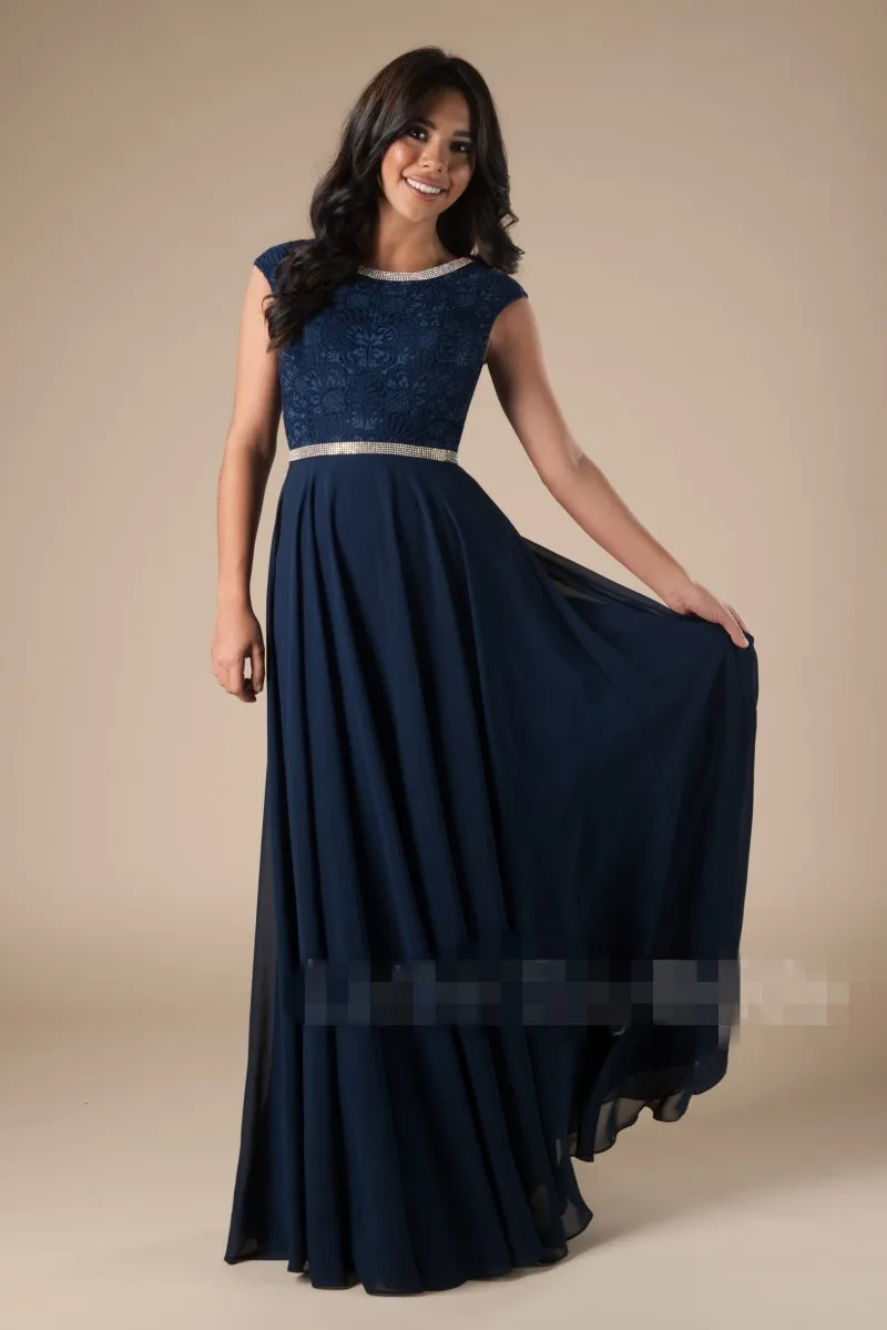 Navy Blue Lace Chiffon Sapphire Bridesmaid Dresses With Sleeves