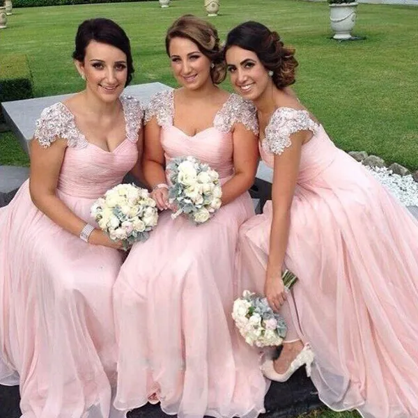 Deslumbrante Blush Rosa Vestido de Dama de Honra Longo Custom Made Alta Qualidade Chiffon Bridesmaids Vestidos com Cristais Cintos de Renda Até O Chão Festa