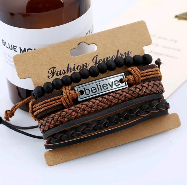 Punk Retro Vintage Weave Bracelet Sets PU Leather Believe Braided Rope Hand Jewelry for Men Women