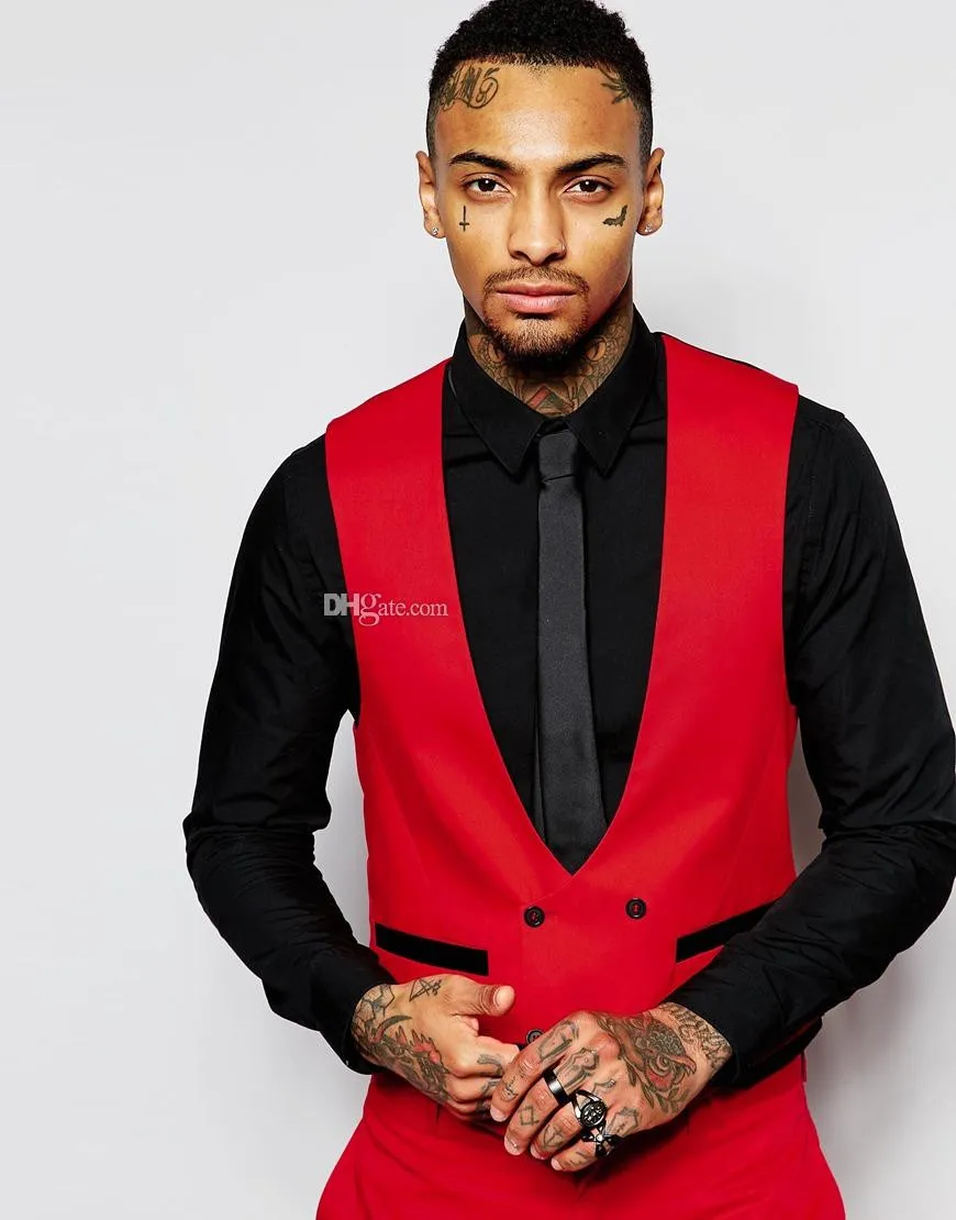 Fashion Red Mens Suits Black Peaked Lapel Three Pieces Groom Tuxedos