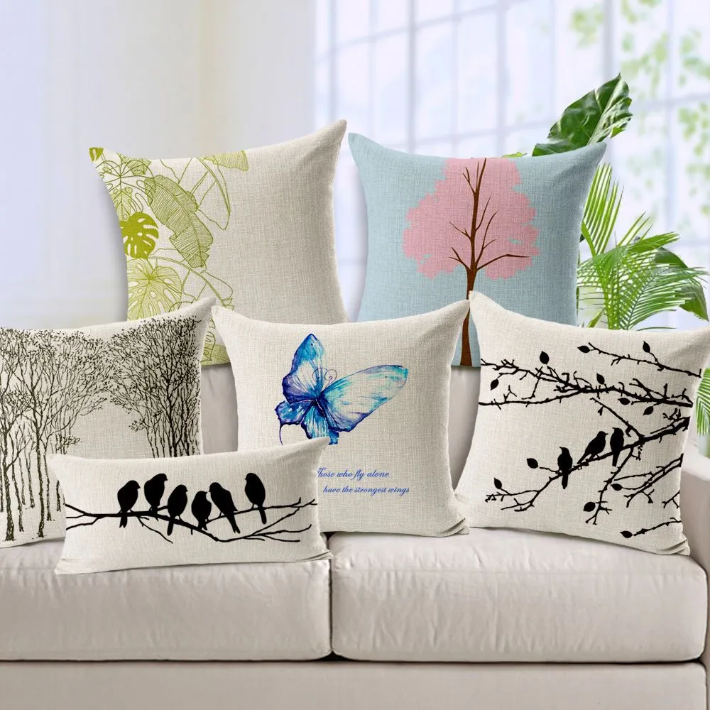 Fancy Cushion Cover Modern Minimalist Blue Butterfly Pink Tree Cushion Pillow Cover Home Decoration Sofa Green Leaf Pillow Case Linen