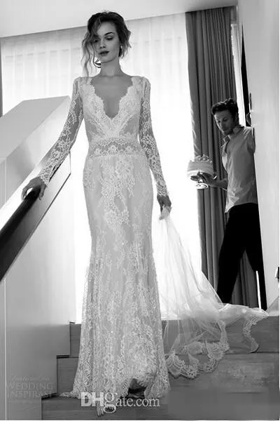 Lihi Hod 2019 Sexy Long Sleeves Lace Wedding Dresses Sheath Deep V Neck Backless Vintage Fitted Brides Dresses Custom Made