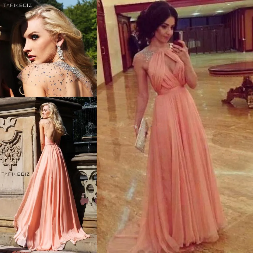 Impresionante Diseño Único Sexy Vestido De Diamantes De Imitación De Gasa  De Color Durazno Largo Vestido