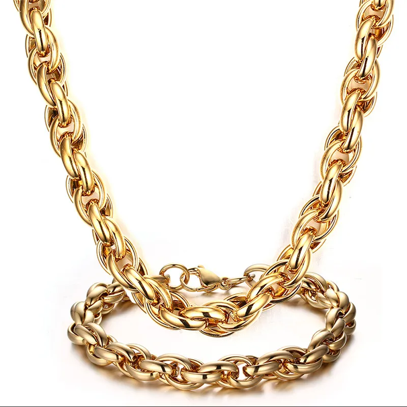 Huge Men's Party Style Heavy Popular Jewelry stainless steel Charming High Quality 24k Gold Rope Link Chain necklace + bracelet Jewelry Set