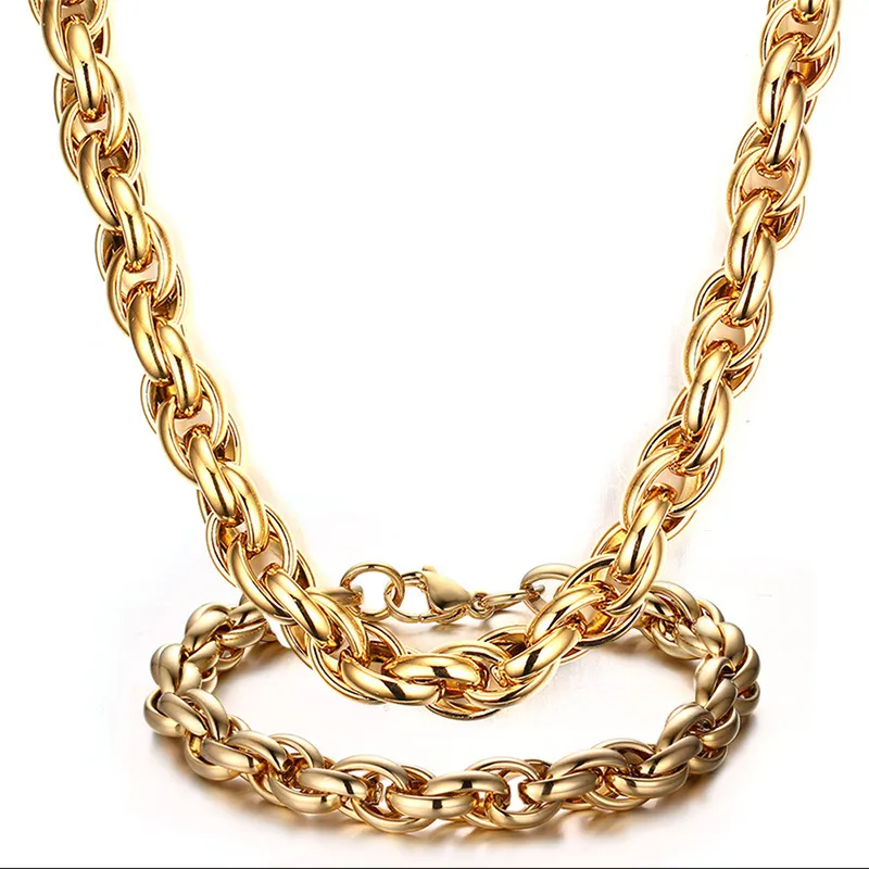 Enorme stile da festa da uomo pesante gioielli popolari in acciaio inossidabile affascinante alta qualità 24k oro corda catena a maglie collana + braccialetto set di gioielli