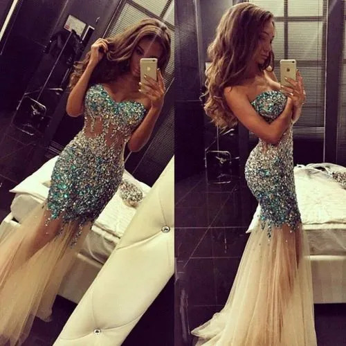 Snabb leverans Rhinestone Prom Dresses 2016 Crystal Sexy Sweetheart Evening Party Gown Maxi Dress Robe de Soiree Longue Jeweled Bodice