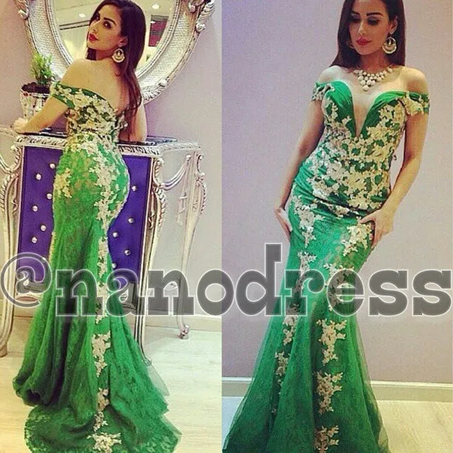 2016 Green Mermaid Celebrity Dresses Off Shoulder V Neck Lace Appliqued Evening Gowns