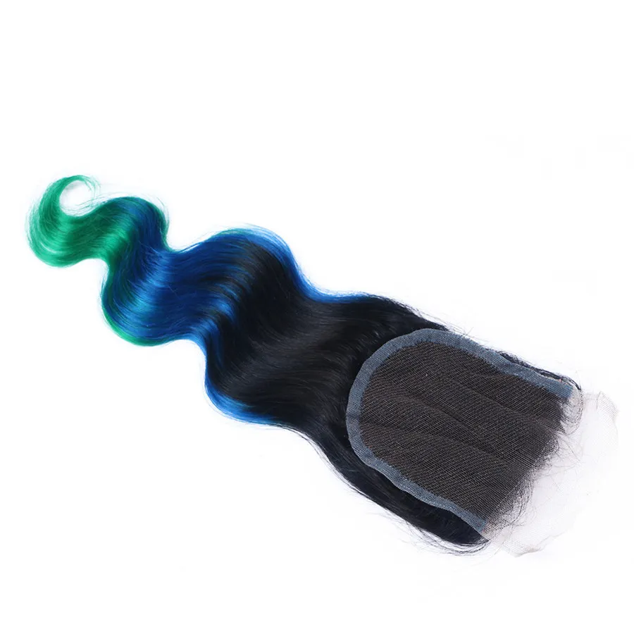 prodotti di colore europeo capelli non trattati di colore ombre 1b fasci di capelli umani vergini russi a tre toni blu verde con chiusura in pizzo 4 * 4