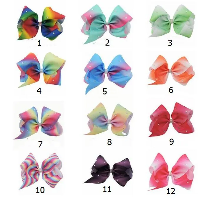 18cm Fashion Large Ombre Signature Rainbow ribbon Hair Bows Clips With Rhintesones Boutique Big Bows For Girl Party HD3489