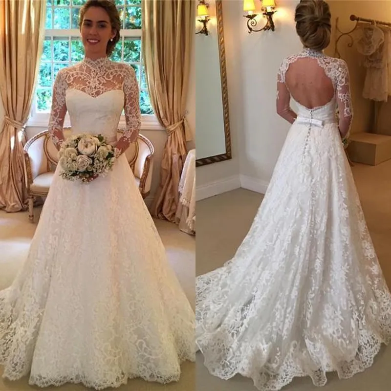 2017 Elegante Lace Alta Gola Vestidos De Casamento Com Ilusão Mangas Compridas Do Vintage Sem Encosto Arco Sash Nupcial Vestidos Feitos Sob Encomenda EN10288