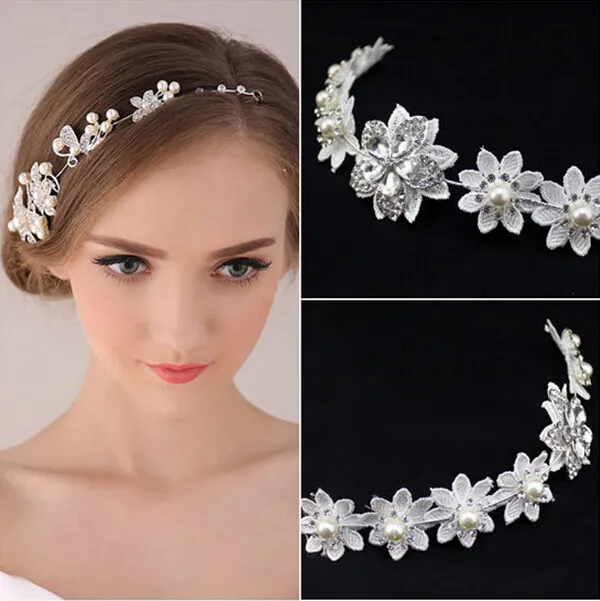 Moda a buon mercato Crystal Pearl Flower Party Accessori per capelli da sposa Fascia per capelli Tiara Copricapo Perle d'argento Fasce per corona da sposa